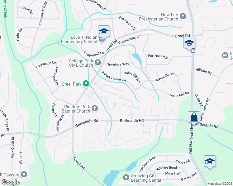 map of restaurants, bars, coffee shops, grocery stores, and more near 1612 Pine Tree Trail in College Park
