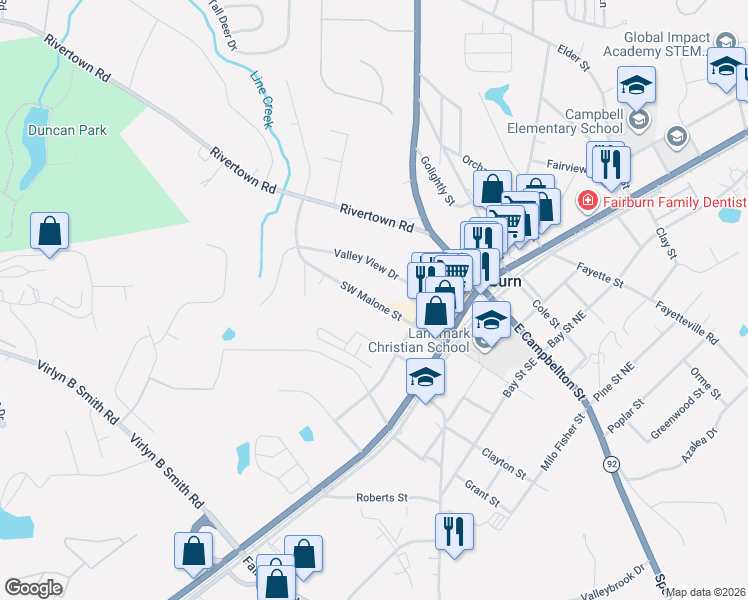 map of restaurants, bars, coffee shops, grocery stores, and more near 83 Southwest Malone Street in Fairburn