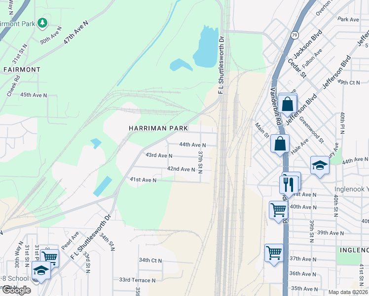 map of restaurants, bars, coffee shops, grocery stores, and more near 3656 44th Avenue North in Birmingham