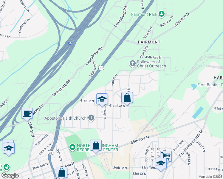 map of restaurants, bars, coffee shops, grocery stores, and more near 4221 29th Street North in Birmingham