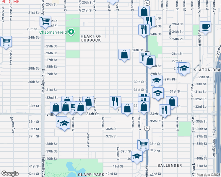 map of restaurants, bars, coffee shops, grocery stores, and more near 2009 30th Street in Lubbock