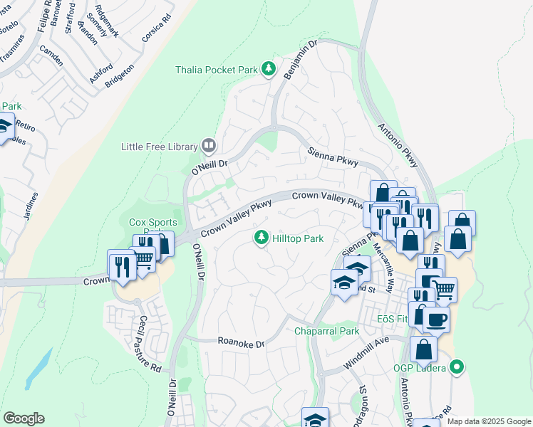 map of restaurants, bars, coffee shops, grocery stores, and more near 9 Flintridge Avenue in Ladera Ranch