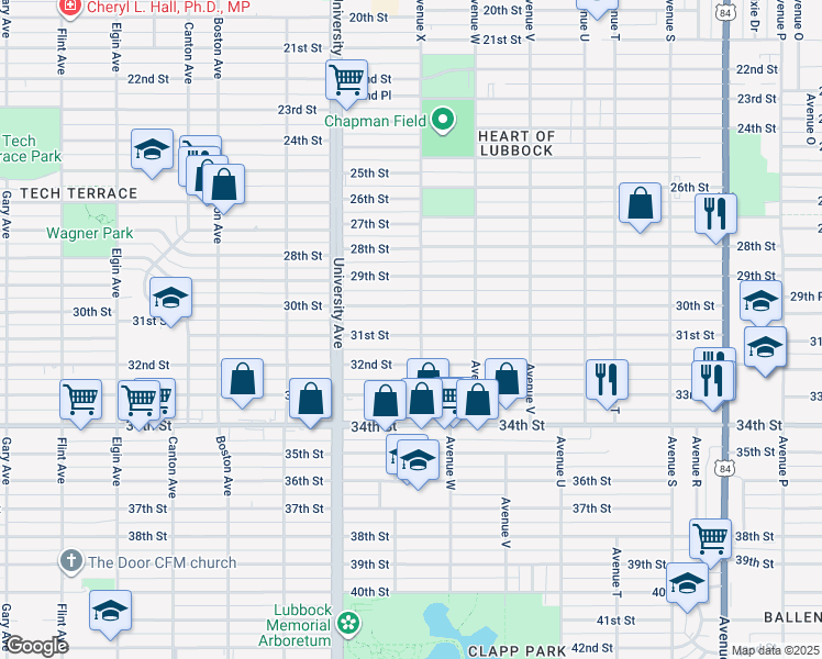 map of restaurants, bars, coffee shops, grocery stores, and more near 2407 30th Street in Lubbock