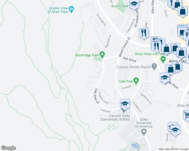 map of restaurants, bars, coffee shops, grocery stores, and more near 43 Remington Lane in Aliso Viejo