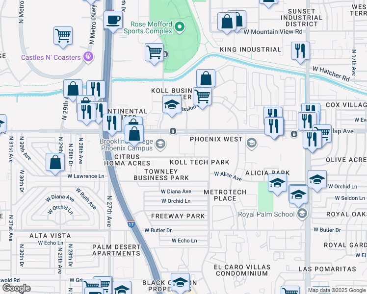 map of restaurants, bars, coffee shops, grocery stores, and more near 2323 West Dunlap Avenue in Phoenix