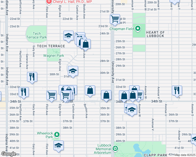 map of restaurants, bars, coffee shops, grocery stores, and more near 2517 30th Street in Lubbock