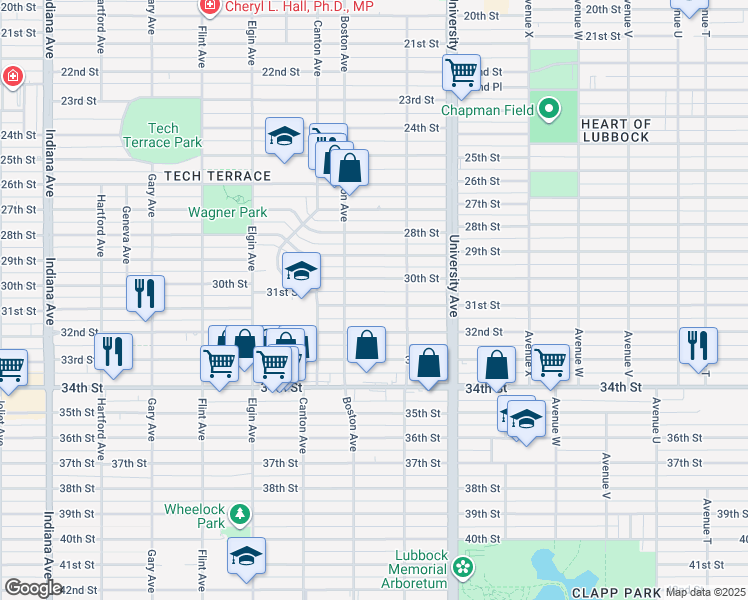 map of restaurants, bars, coffee shops, grocery stores, and more near 2613 30th Street in Lubbock
