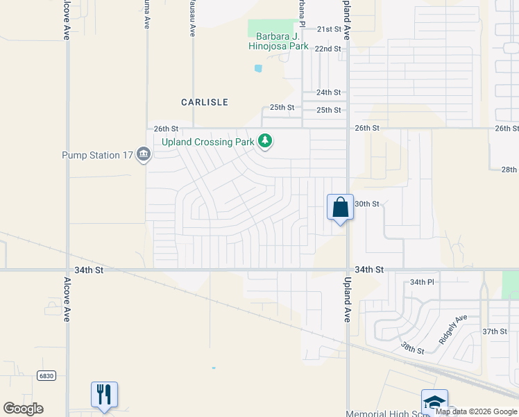 map of restaurants, bars, coffee shops, grocery stores, and more near 32nd Street in Lubbock