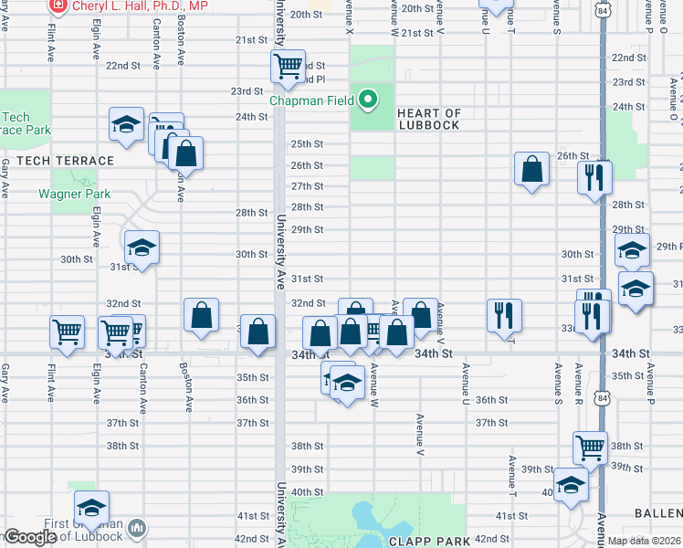 map of restaurants, bars, coffee shops, grocery stores, and more near 2404 31st Street in Lubbock
