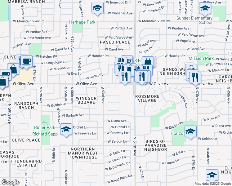 map of restaurants, bars, coffee shops, grocery stores, and more near 5201 West Olive Avenue in Glendale