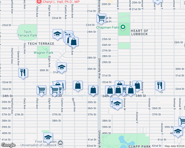 map of restaurants, bars, coffee shops, grocery stores, and more near 2505 30th Street in Lubbock