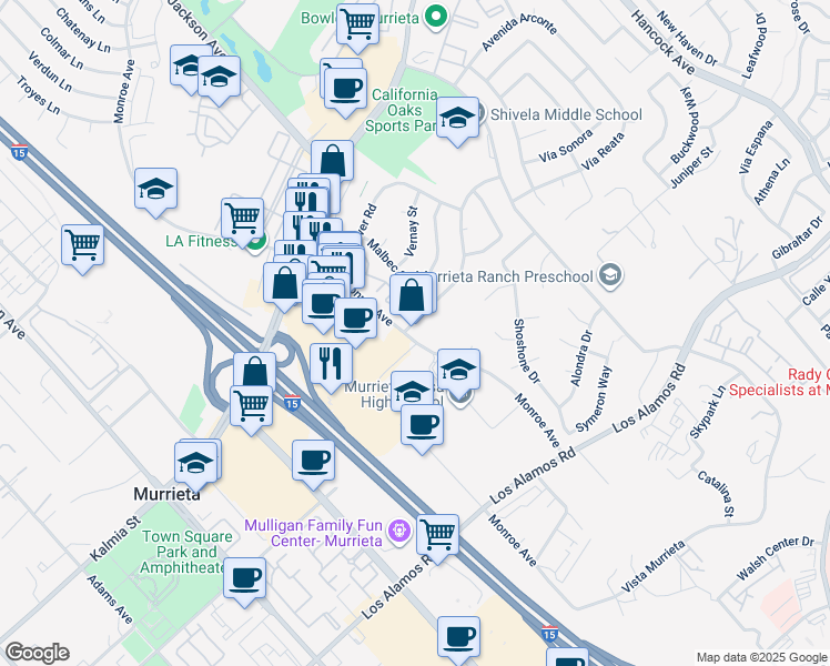 map of restaurants, bars, coffee shops, grocery stores, and more near 40800 Monroe Avenue in Murrieta
