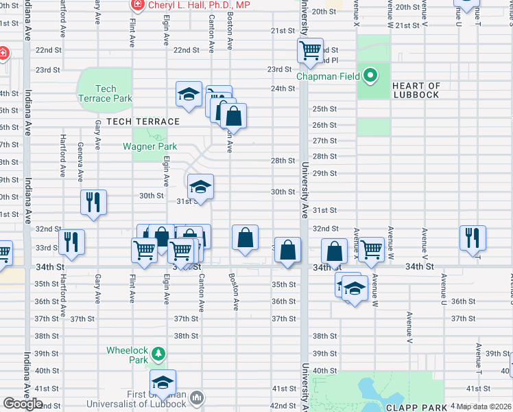 map of restaurants, bars, coffee shops, grocery stores, and more near 2613 30th Street in Lubbock