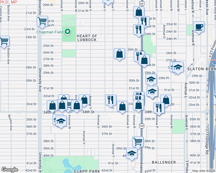 map of restaurants, bars, coffee shops, grocery stores, and more near 2008 31st Street in Lubbock