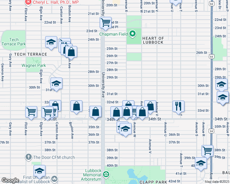 map of restaurants, bars, coffee shops, grocery stores, and more near 2423 30th Street in Lubbock