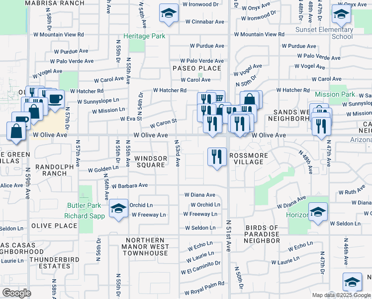 map of restaurants, bars, coffee shops, grocery stores, and more near 5201 West Olive Avenue in Glendale