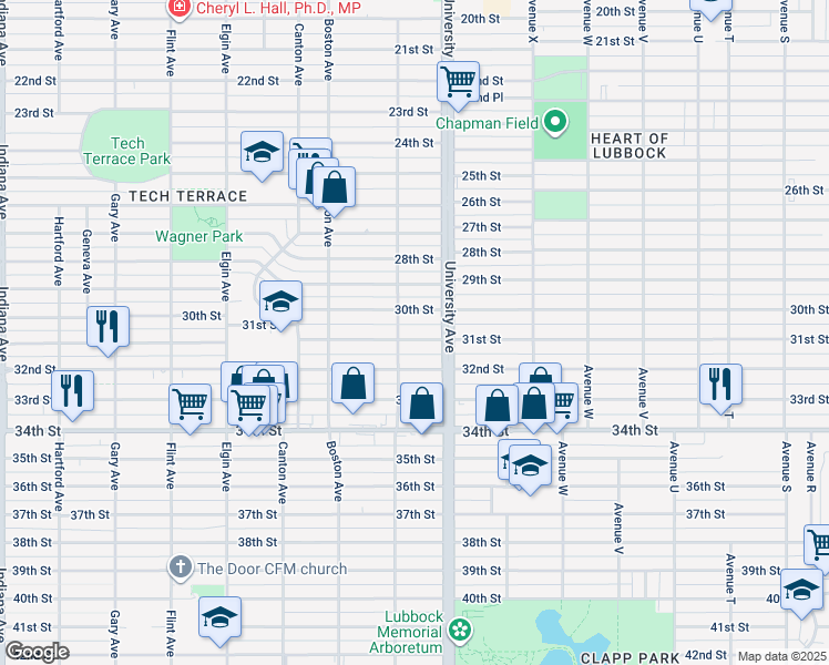 map of restaurants, bars, coffee shops, grocery stores, and more near 2517 30th Street in Lubbock