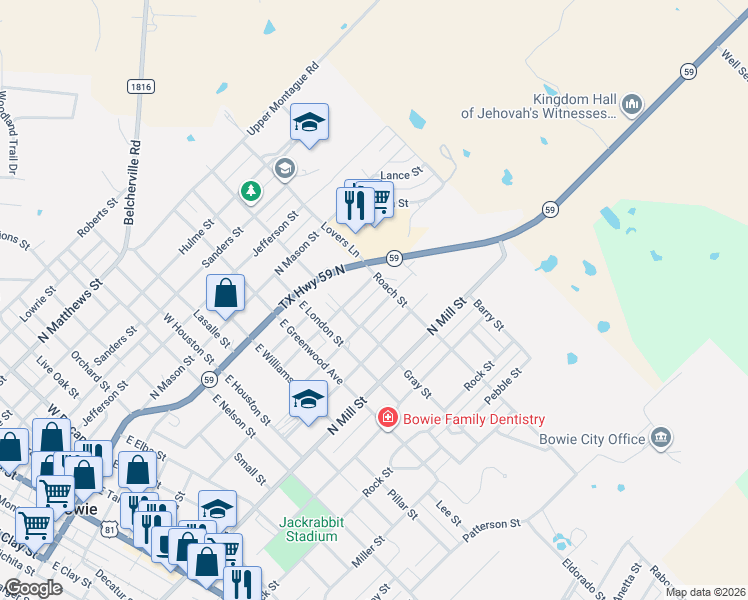 map of restaurants, bars, coffee shops, grocery stores, and more near 1406 Jackson Street in Bowie