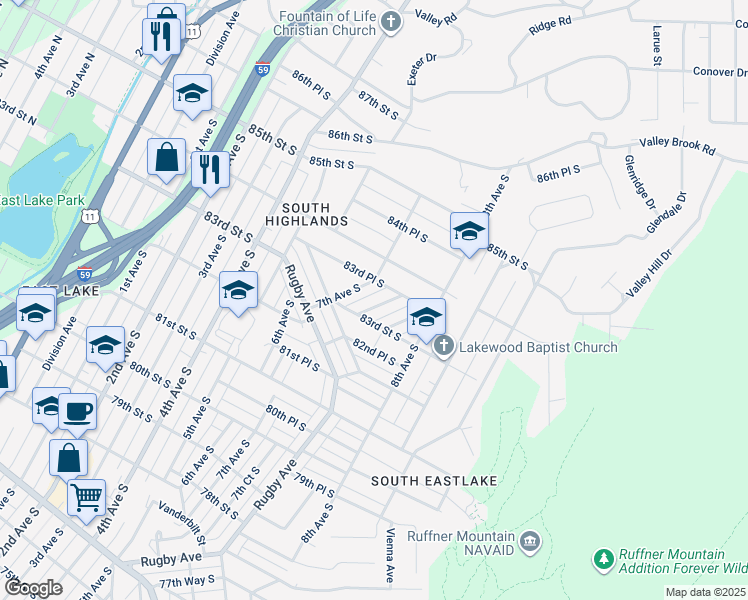 map of restaurants, bars, coffee shops, grocery stores, and more near 8316 7th Court South in Birmingham