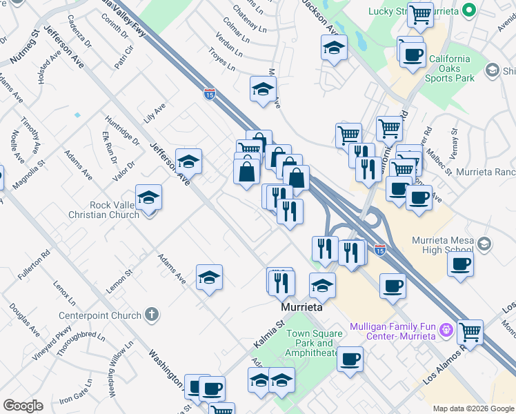 map of restaurants, bars, coffee shops, grocery stores, and more near Village Walk Place in Murrieta
