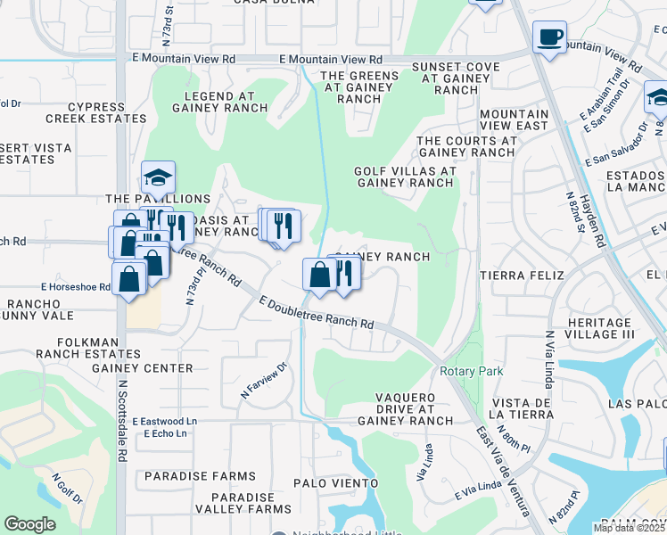 map of restaurants, bars, coffee shops, grocery stores, and more near 8989 North Gainey Center Drive in Scottsdale