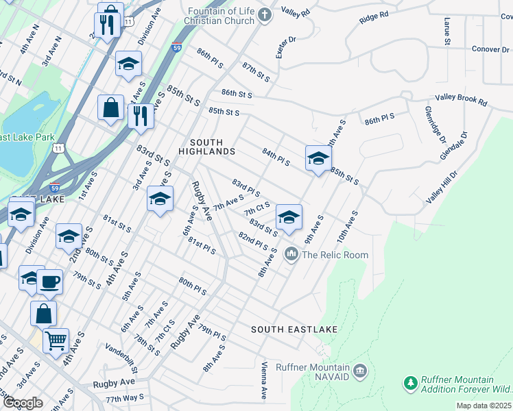 map of restaurants, bars, coffee shops, grocery stores, and more near 8320 7th Court South in Birmingham