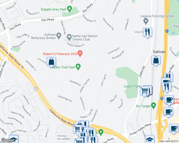map of restaurants, bars, coffee shops, grocery stores, and more near 25481 Lone Pine Circle in Laguna Hills