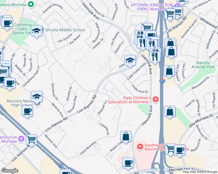 map of restaurants, bars, coffee shops, grocery stores, and more near 6 Los Alamos Road in Murrieta
