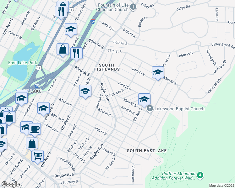 map of restaurants, bars, coffee shops, grocery stores, and more near 8301 7th Avenue South in Birmingham