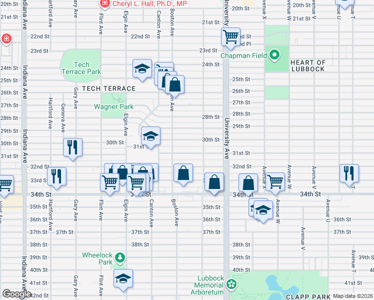 map of restaurants, bars, coffee shops, grocery stores, and more near 2614 31st Street in Lubbock