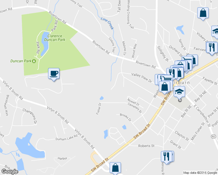 map of restaurants, bars, coffee shops, grocery stores, and more near 355 Valley View Drive in Fairburn