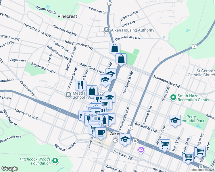 map of restaurants, bars, coffee shops, grocery stores, and more near 323 Laurens Street Northwest in Aiken