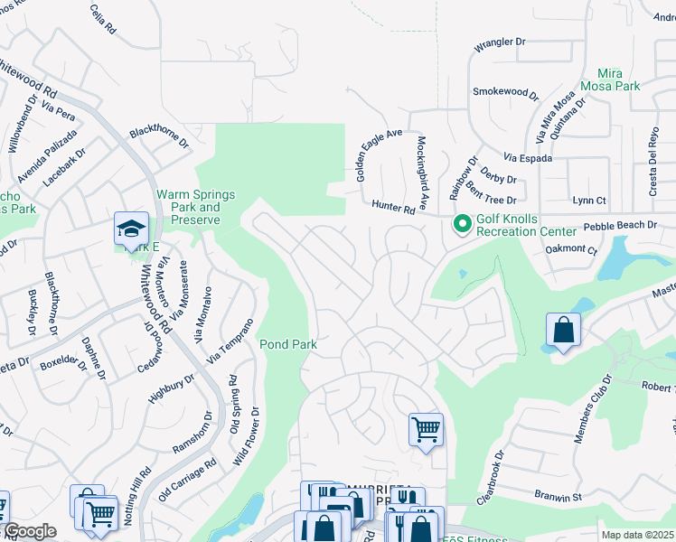 map of restaurants, bars, coffee shops, grocery stores, and more near 38216 Via Del Largo in Murrieta