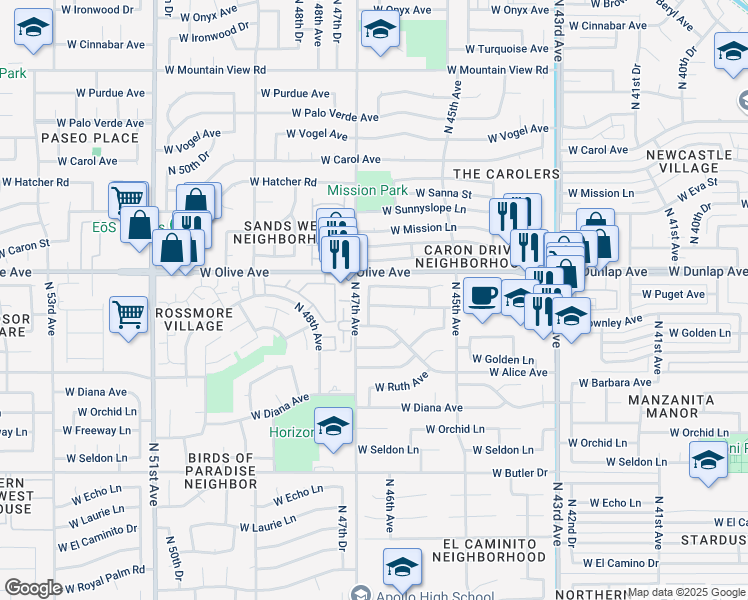 map of restaurants, bars, coffee shops, grocery stores, and more near 4658 West Puget Avenue in Glendale