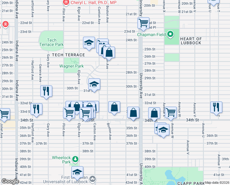 map of restaurants, bars, coffee shops, grocery stores, and more near 2616 31st Street in Lubbock
