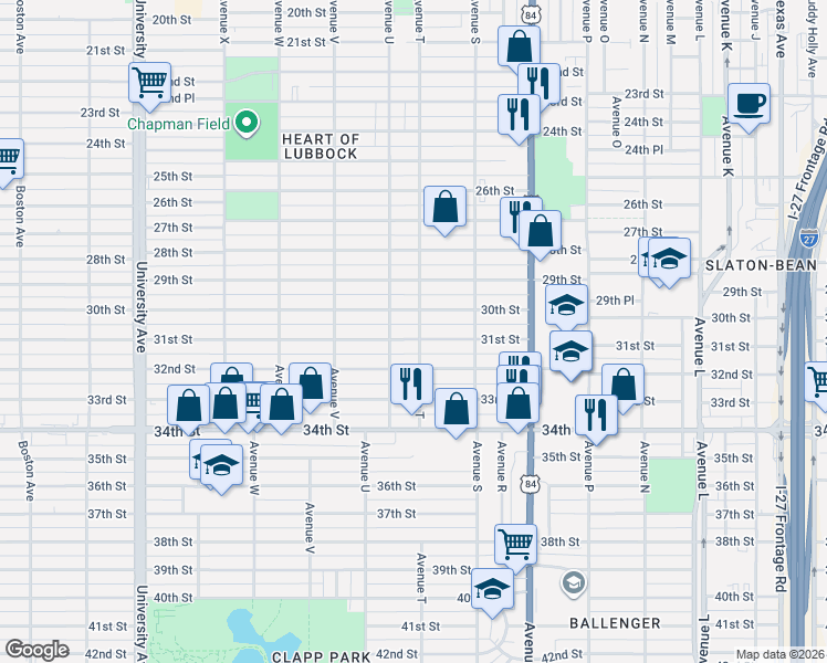 map of restaurants, bars, coffee shops, grocery stores, and more near 2009 30th Street in Lubbock