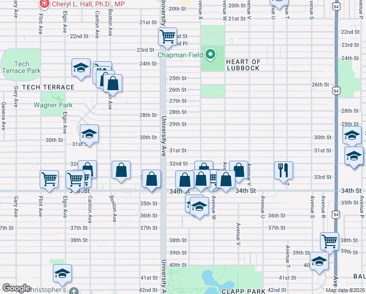 map of restaurants, bars, coffee shops, grocery stores, and more near 2423 30th Street in Lubbock