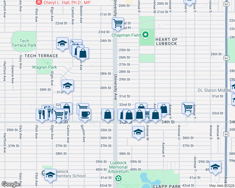 map of restaurants, bars, coffee shops, grocery stores, and more near 2423 30th Street in Lubbock