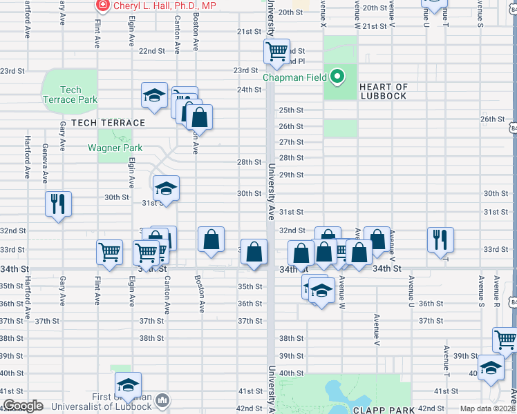 map of restaurants, bars, coffee shops, grocery stores, and more near 2505 30th Street in Lubbock