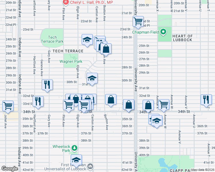 map of restaurants, bars, coffee shops, grocery stores, and more near 2613 30th Street in Lubbock