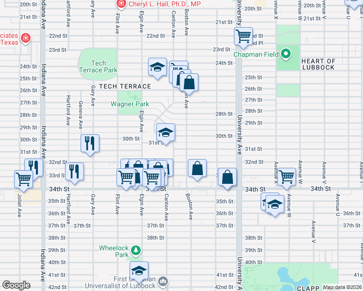 map of restaurants, bars, coffee shops, grocery stores, and more near 2703 30th Street in Lubbock