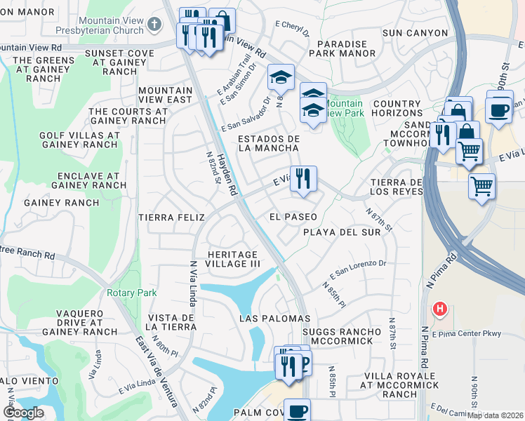 map of restaurants, bars, coffee shops, grocery stores, and more near 8340 East San Bernardo Drive in Scottsdale