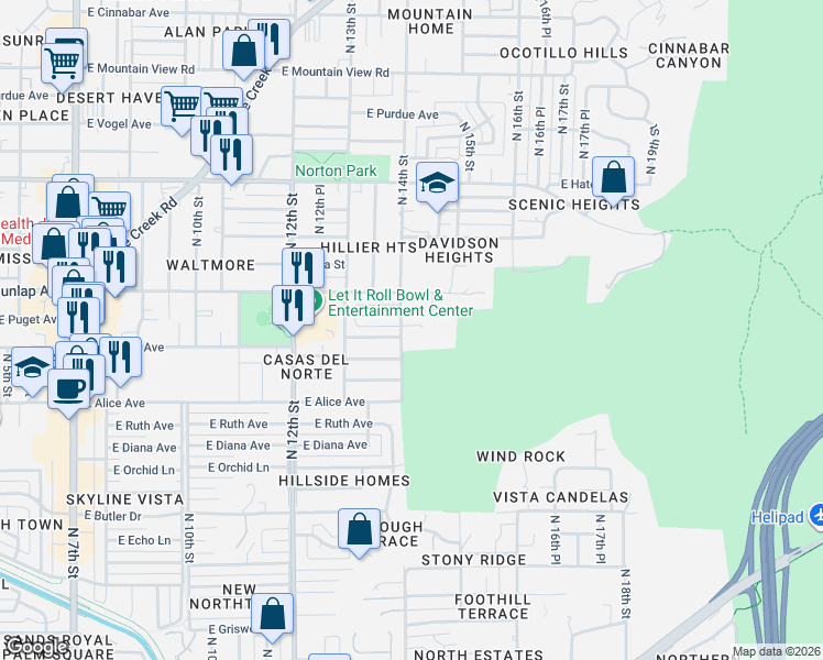 map of restaurants, bars, coffee shops, grocery stores, and more near 1422 East Puget Avenue in Phoenix