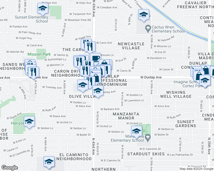 map of restaurants, bars, coffee shops, grocery stores, and more near 4215 West Dunlap Avenue in Phoenix