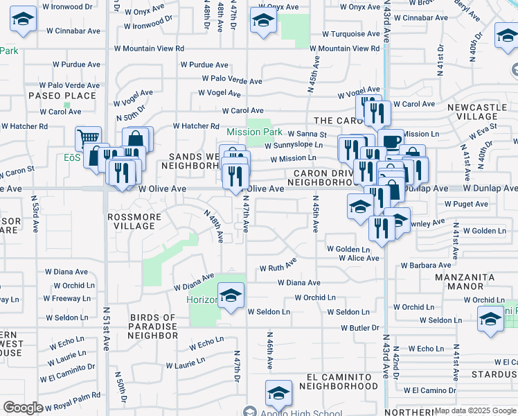 map of restaurants, bars, coffee shops, grocery stores, and more near 4658 West Puget Avenue in Glendale