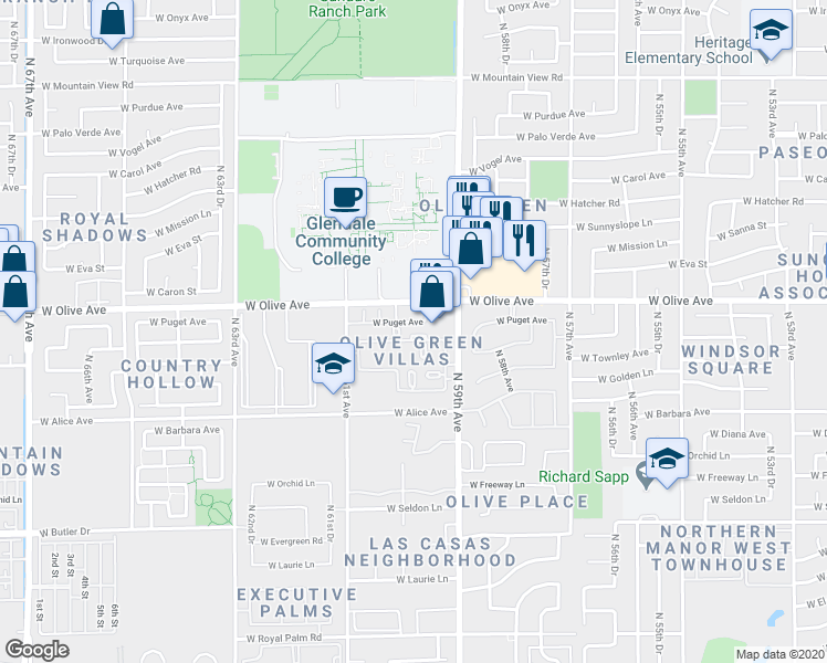 map of restaurants, bars, coffee shops, grocery stores, and more near 5959 West Olive Avenue in Glendale