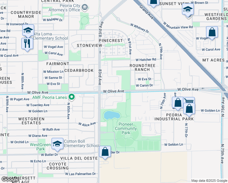 map of restaurants, bars, coffee shops, grocery stores, and more near 9201 North 83rd Avenue in Peoria