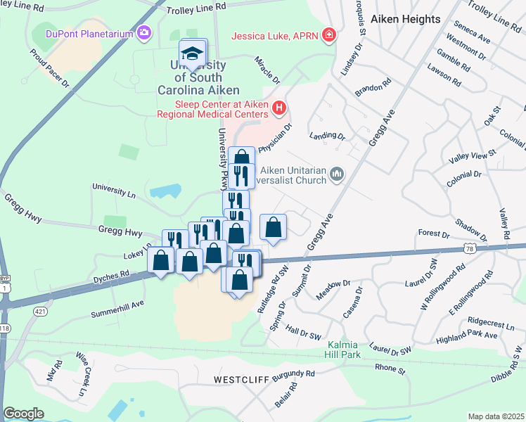 map of restaurants, bars, coffee shops, grocery stores, and more near 116 Governors Lane Northwest in Aiken