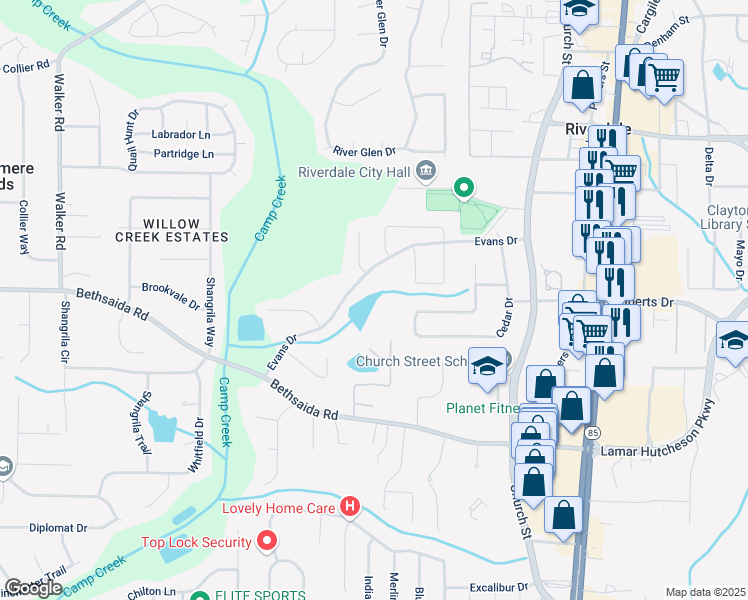 map of restaurants, bars, coffee shops, grocery stores, and more near 1074 Evans Drive in Riverdale
