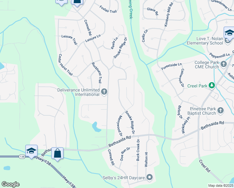 map of restaurants, bars, coffee shops, grocery stores, and more near 6895 Smoke Ridge Drive in Atlanta